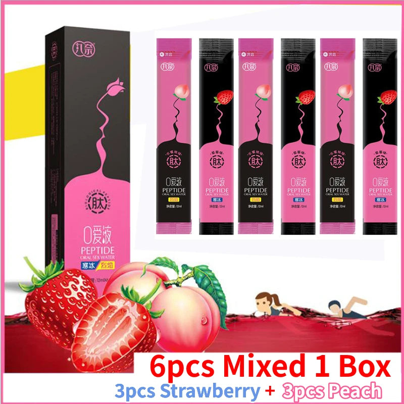 6-Pack Edible Flavored Lubricants – Strawberry, Peach, Ice & Fire | Oral Sex Water-Based Lube for Couples